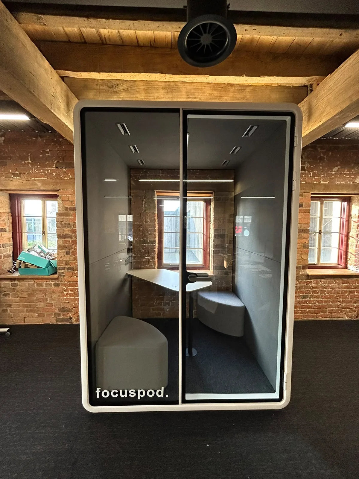 Second FocusPod Duo on another level of the Launceston coworking space, beneath exposed timber beams.